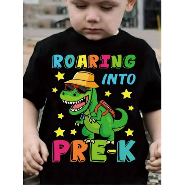 Back-To-School Season TX72058 WML Boys' Ready For Pre-K Letter & Dinosaur Print Versatile Creative Casual Crew Neck T-Shirt