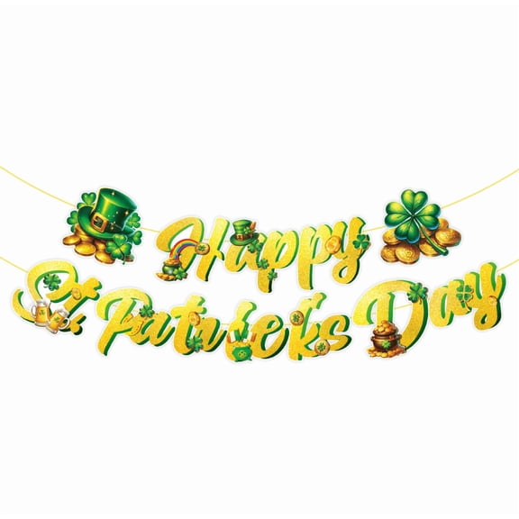 Happy St. Patrick's Day Banner, Gold and Green Glitter Party Decoration, Shamrock and Leprechaun Theme