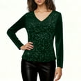 thumbnail image 4 of Womens Sequin Tops 3/4 Length Sleeve Tops V Neck Velvet Ruched Blouses Glitter Evening Party Concert Shirt Blouse 2025 Glitter Trendy Party Outfit, 4 of 6