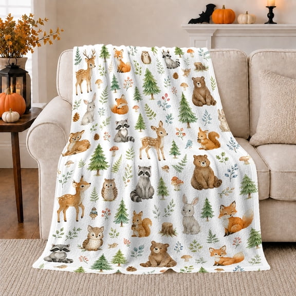 Watercolor Woodland Animals Deer Fox Bear Raccoon Forest Flannel Blanket, Cozy Sofa Throw for Kids and Nature Fans, Warm Bedroom Nursery Reading Nook Home Decor, Birthday Gift