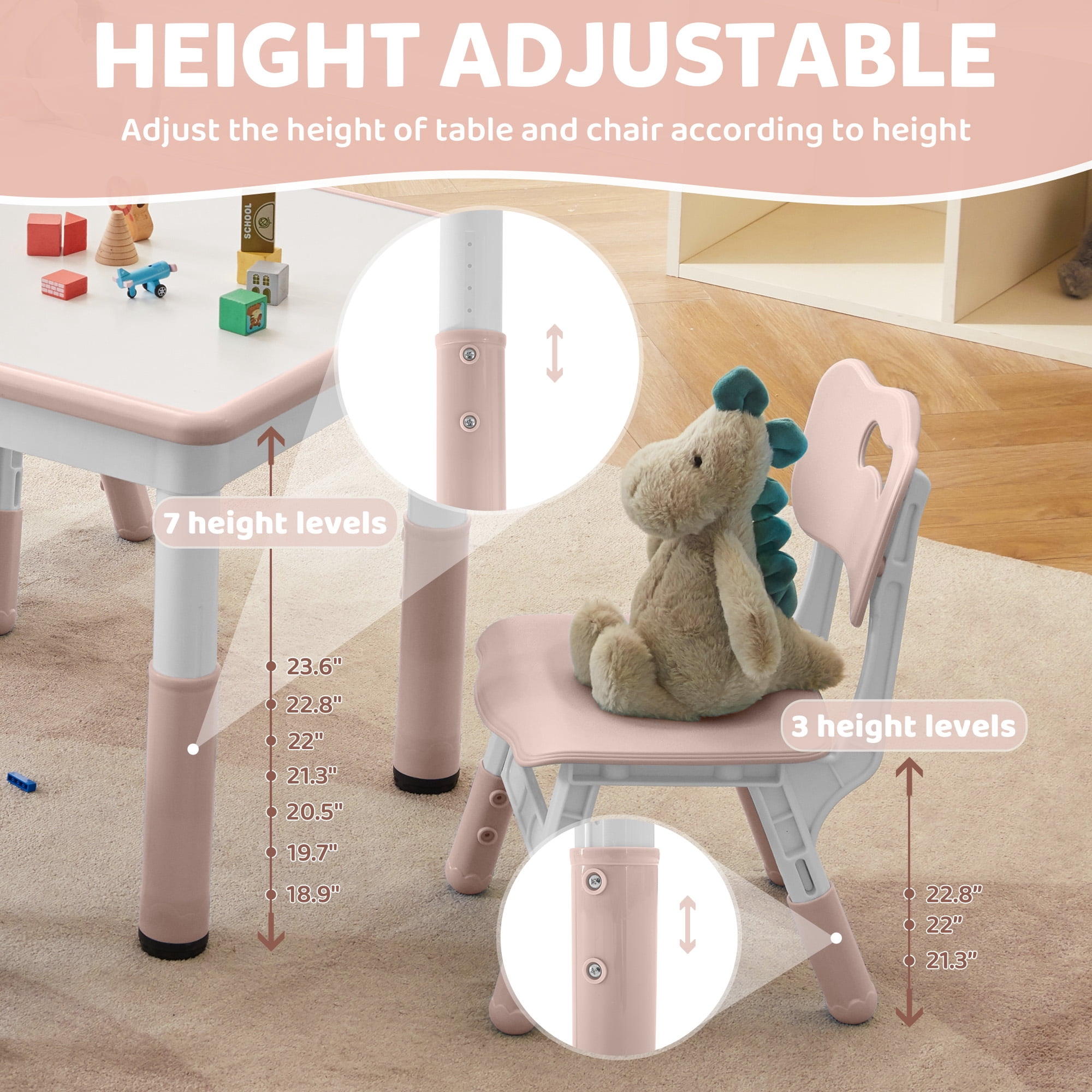DOREROOM Kids Table and 2 Chairs Set, Height-Adjustable Toddler Table and Chair Set with Graffiti Desktop, 31.5''L x 23.6''W Children Activity Table for Daycare, Classroom, Home