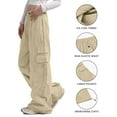 thumbnail image 4 of UJNDER Women's Wide Leg Cargo Pants Mid Waisted Travel Streetwear Baggy Stretchy with Drawstring Khaki S, 4 of 7