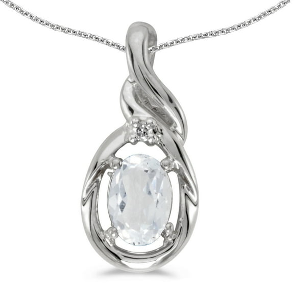 14k White Gold Oval White Topaz And Diamond Pendant with 18" Chain