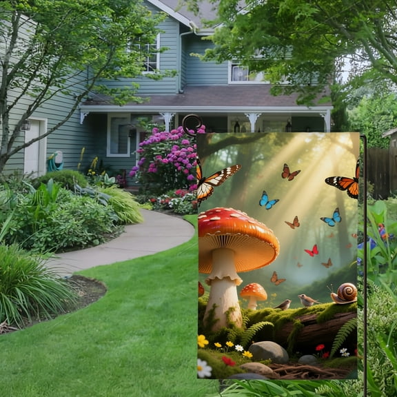 Spring Summer Garden Flag Double Sided Butterfly Mushroom Welcome Yard House Outside Outdoor Decoration,12*18 inch