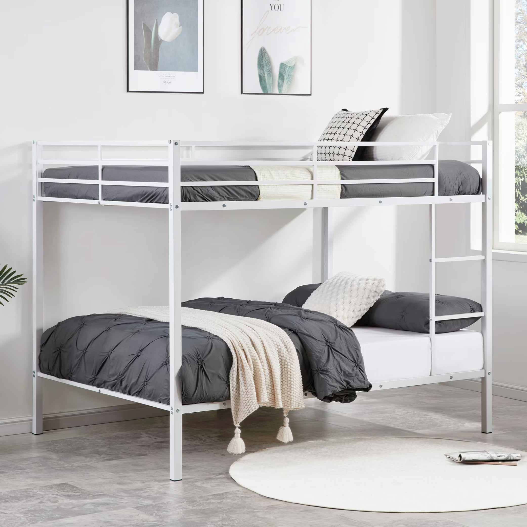 Full Over Full Bunk Bed, Heavy Duty Metal Bunk Bed Frame with Built-in Ladder and Safety Guard Rails, Low Profile Platform Bed, No Box Spring Needed for Kids, Small Spaces, White
