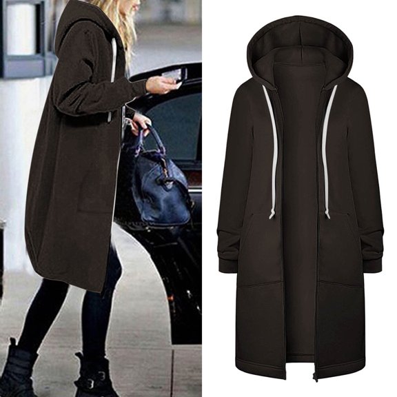 Women's Mid-length Hooded Zipper Jacket 2023 Fall Casual Solid Color Hoodies Coat Trendy Drawstring Sweatshirt Jackets Trenh Coats