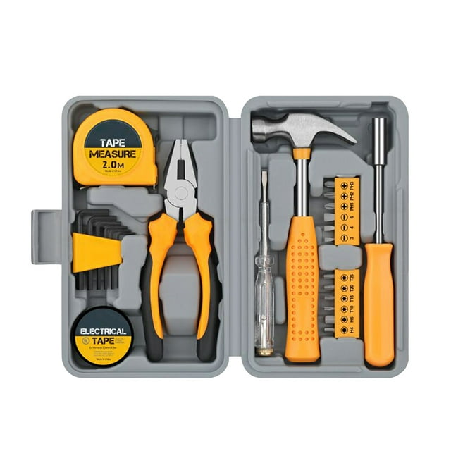 TFixol Kit d'Outils Ménagers Jaune 24 Pcs avec Outils en Acier CR-V, Ruban à Mesurer, Pinces, Marteau et Étui de Rangement pour Réparations DIY