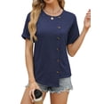 thumbnail image 3 of Hibeli Women Button Decor Crew Neck Short Sleeve Split Hem Solid Color Top, 3 of 7