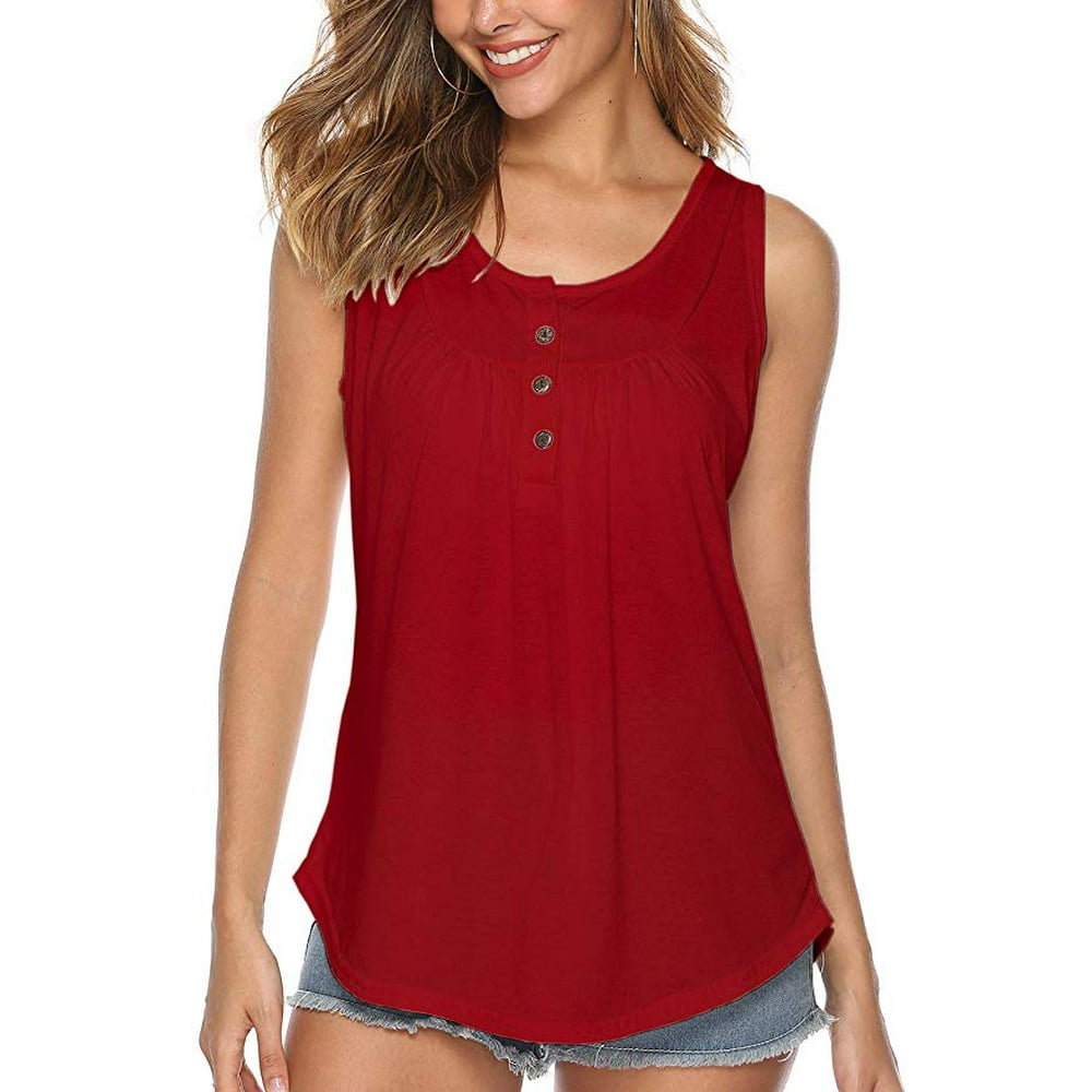 WWWOO - Women's Summer Sleeveless Button Up Casual Loose Tank Shirts ...