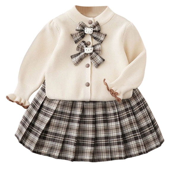 Mnyotv Girls Two Piece Matching Sets Back to School Outfits Long Sleeve Bow Sweaters and Uniform Skirts Size 6-7Years