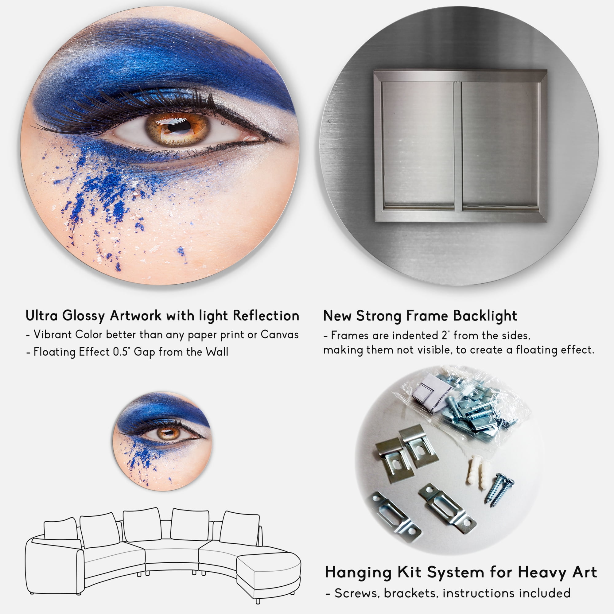 Designart 'Close Up Of Brown Eye With Blue Fantasy Make Up' Modern Circle Metal Wall Art 11x11 - Disc of 11