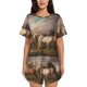 thumbnail image 1 of Balery Three Horses Oil Painting Conjunto de Pijama para Mujer con Estampado, Dos Piezas de Manga Corta y Shorts, Ropa de Dormir Suave con Cuello Redondo y Bolsillos-Large, 1 of 6