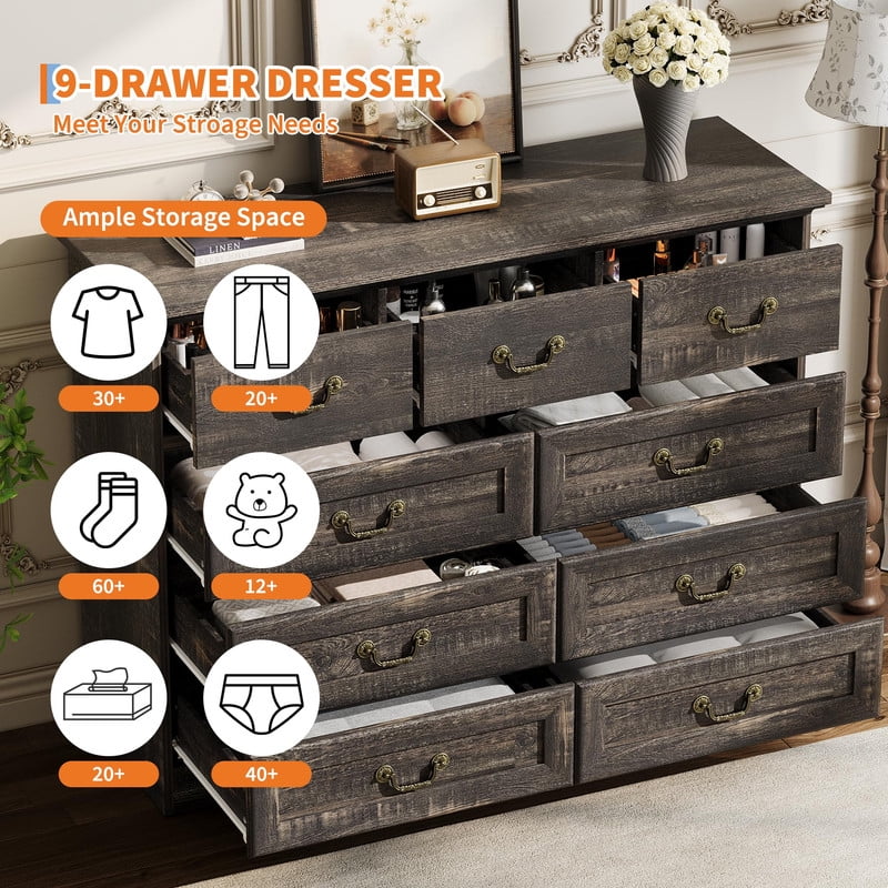 TROPOW Vintage 9 Drawer Dresser for Bedroom, 47" Wide Chest of Drawers with Natural Wood Texture, Wooden Storage Organizer for Closet, Living Room, Hallway,Gray