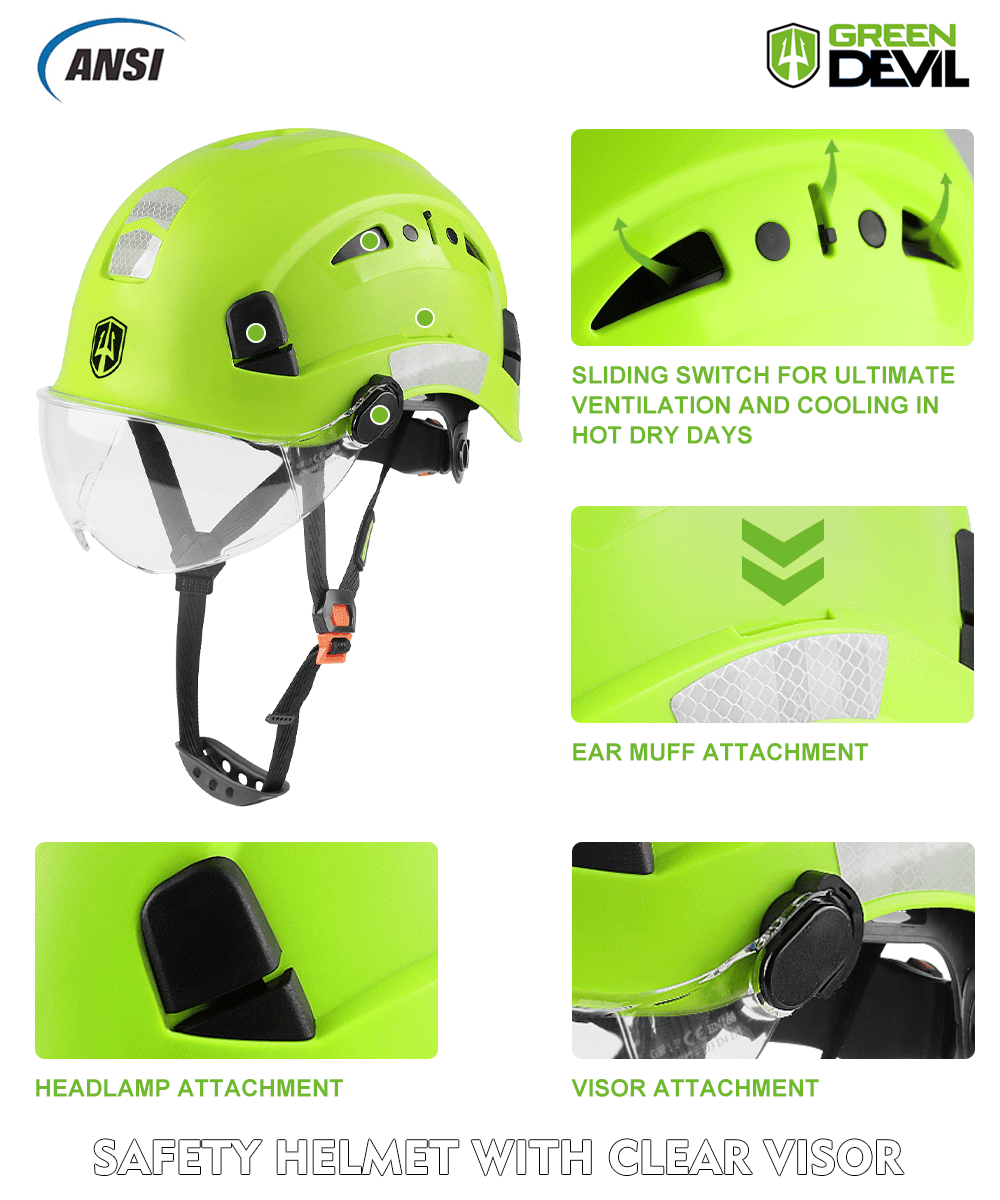 GREEN DEVIL Safety Helmet Hard Hat with Visor and Chinstrap Adjustable Lightweight Vented ABS Work Helmet for Men and Women 6-Point Suspension ANSI Z89.1 Approved Ideal for Industrial & Construction