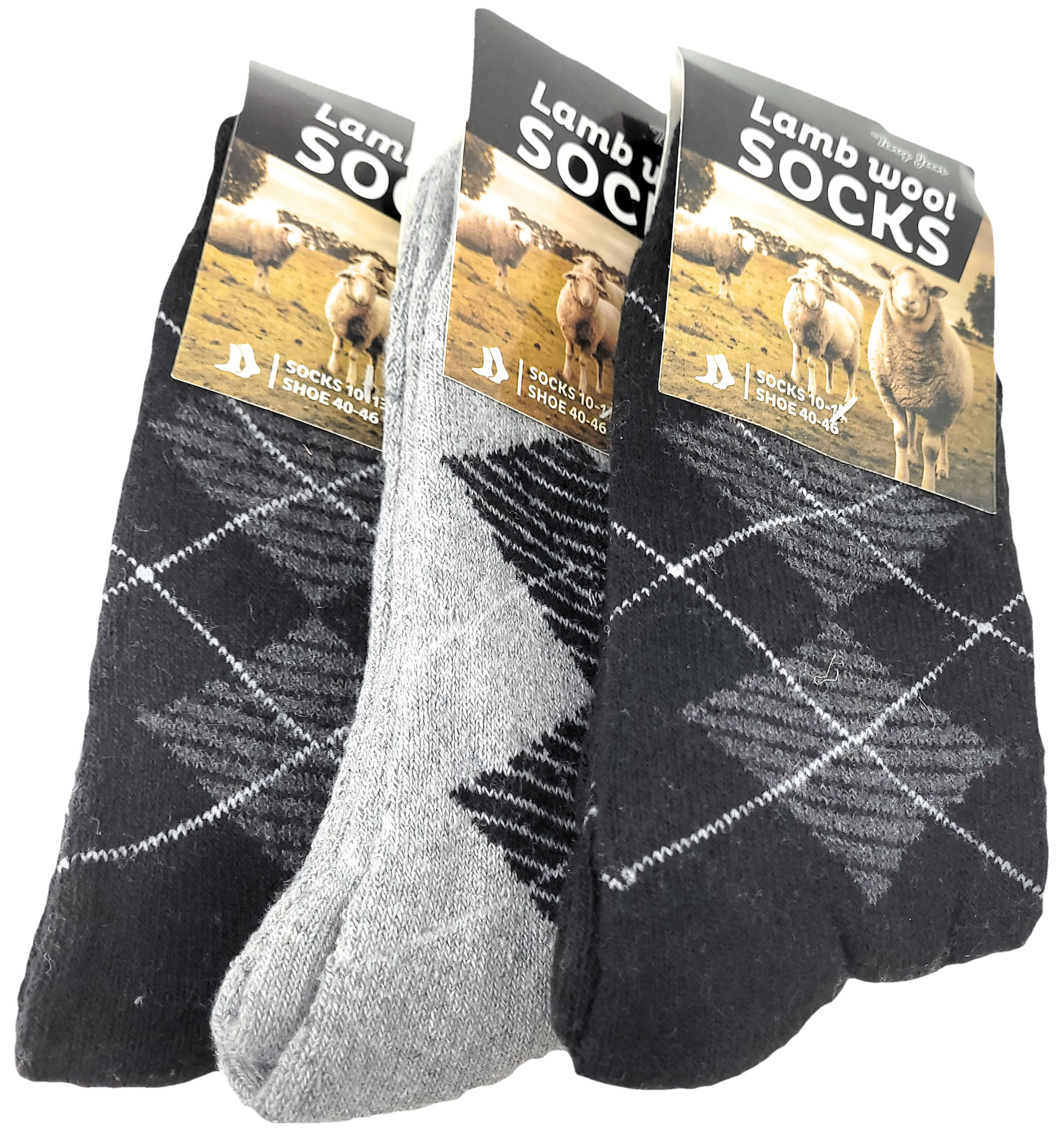 Pack Of 3 MB277 Mens Argyle Pattern Long Length Lambs Wool Blend Socks 