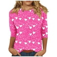 thumbnail image 2 of successthop Hot Pink Womens Tops 3/4 Sleeve T Shirt Valentines Womens Tops Plus Size Round Neck Polyester Casual Love Heart Printed Lover Gift Blouse Tops for Valentines Gifts 2XL, 2 of 5