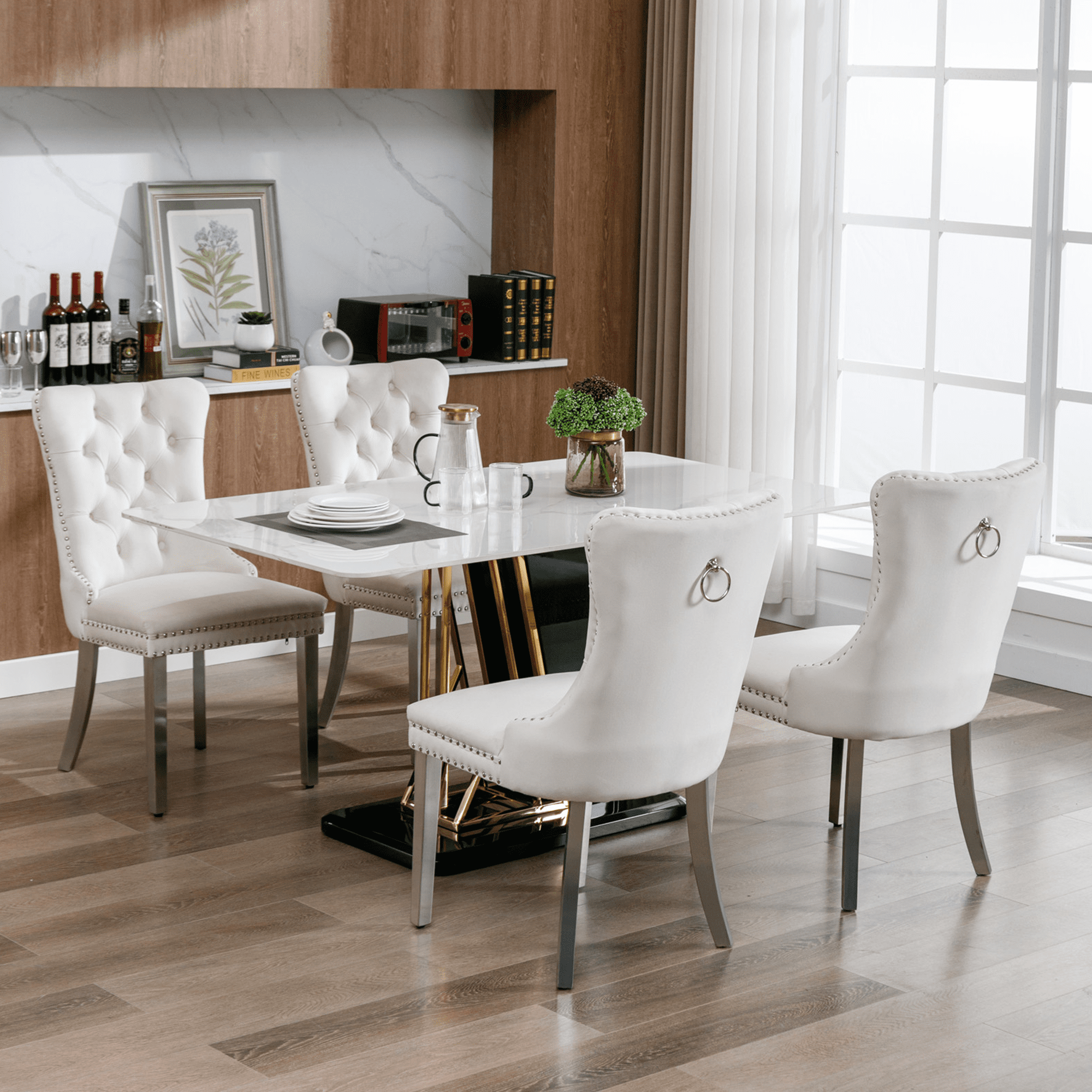 LegaHome Dining Chairs Set of 2, Modern Upholstered Velvet Dining Room Chairs with Nailhead Trim and Chrome Stainless Steel Plating Solid Wood Legs, Tufted Button Padded Chairs Set for Kitchen, Beige