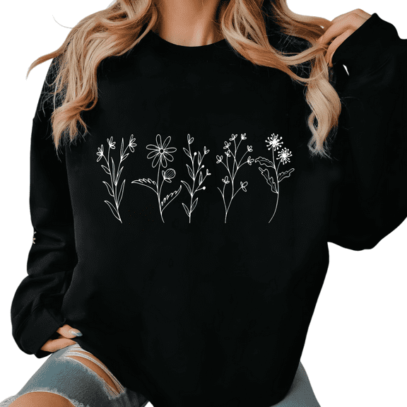 Women's Tops Black Minimalist Wildflower Line Art Graphic Sweatshirt Print Sweatshirt S-3XL Tops