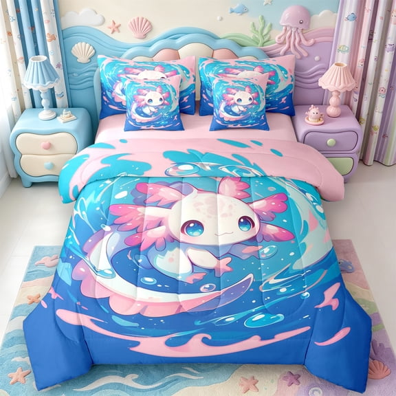 Manfei 3D Print Axolotl 7-Piece Twin Bedding,Animals Pattern Bedding Comforter Set,Pink Reversible