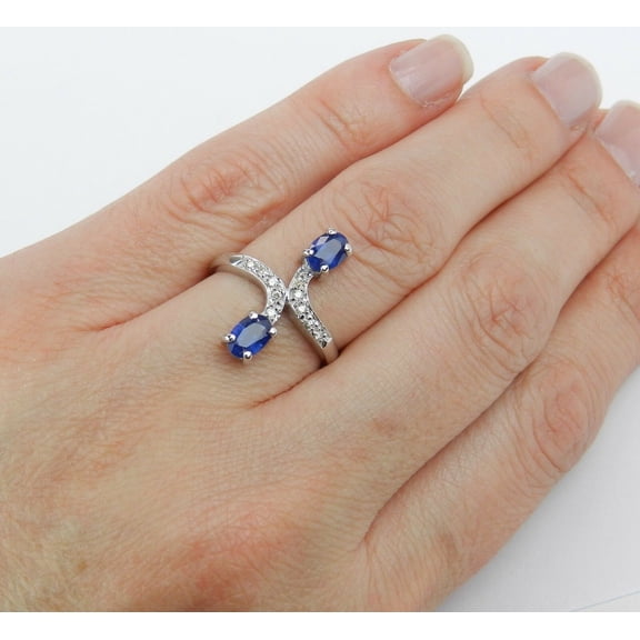 HeartsAndYou 2ct Oval Cut Natural Blue Sapphire & Moissanite ByPass Ring 14k SOLID White Gold