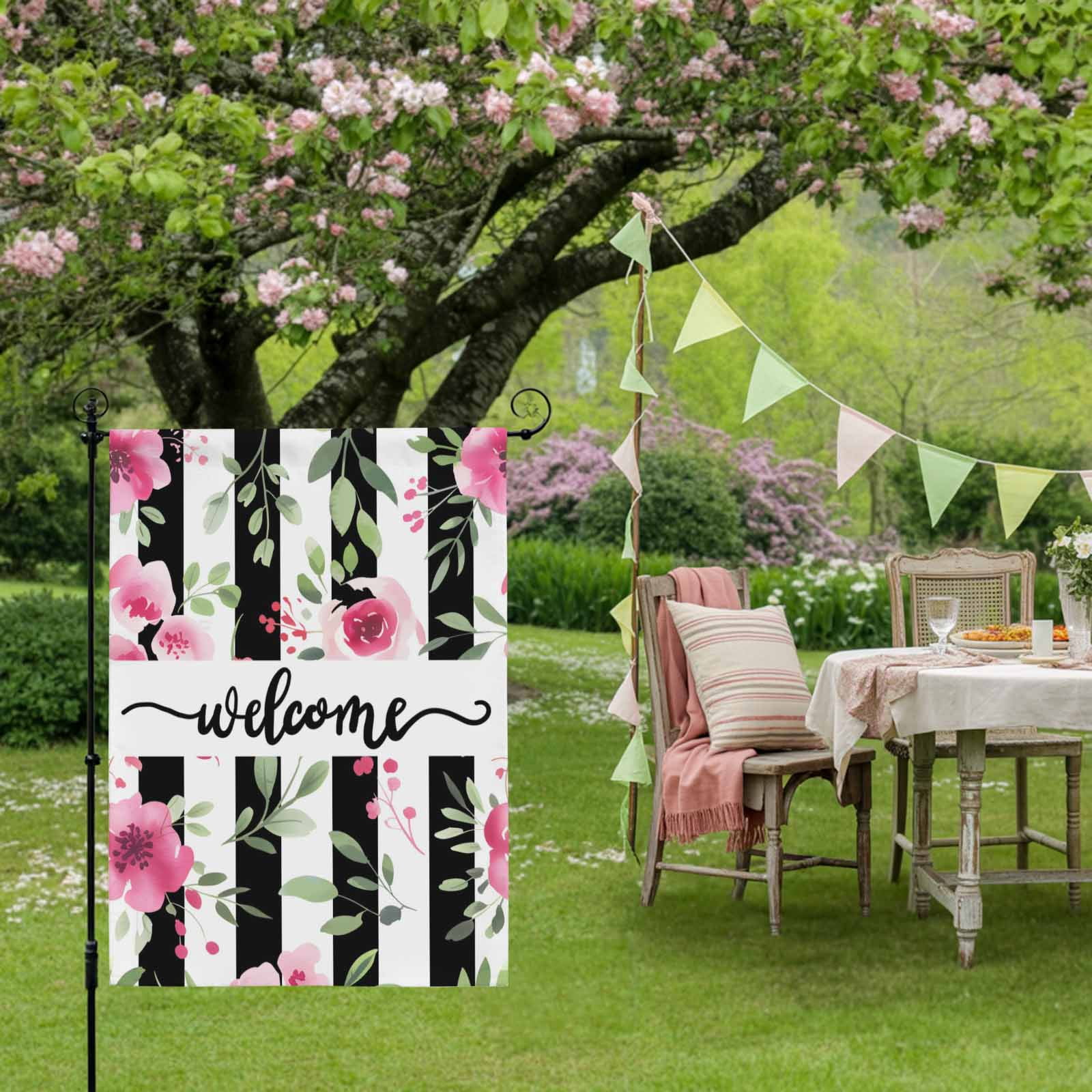 Spring Florals House Flags For Outdoor, Welcome Pink Floral Green Leaf Plack Stripes Small Double Side Yard Flags Weather Proof House Decor for Lawn Outside Holiday 28 x 40 Inches