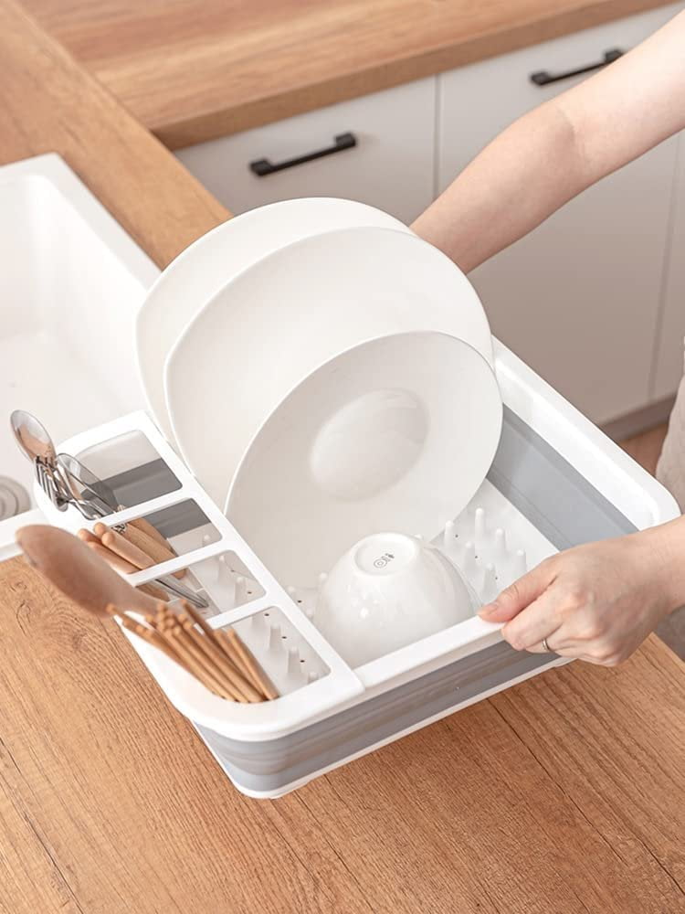 J&V Textiles Collapsible Dish Drying Rack - Popup for Easy Storage, Drain Water Directly Into The Sink