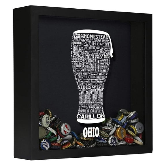 Torched Ohio Beer Typography Shadow Box Wall Mount Decor 13"x13"x3" Black