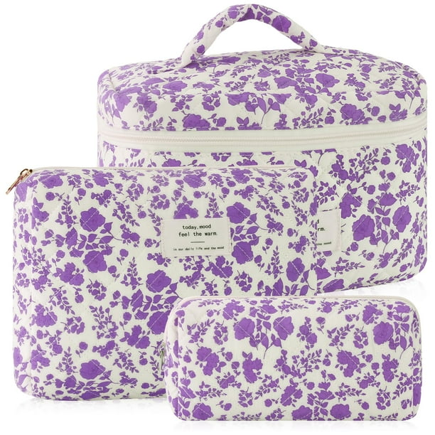 Set de bolsitas de maquillaje URSKYTOUS de algodón acolchado con estampado floral morado x3