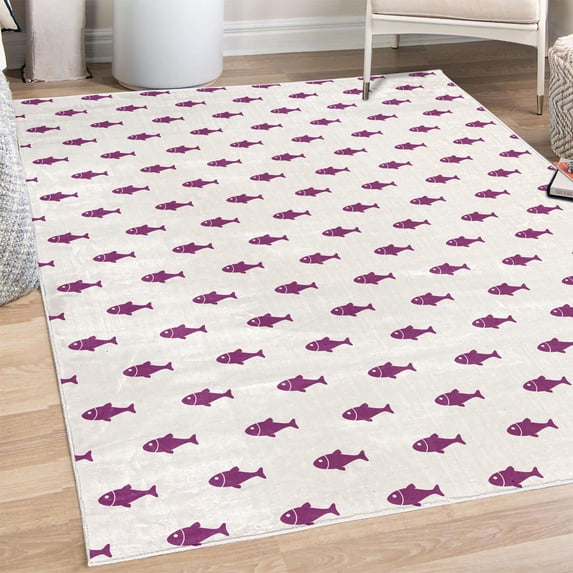 Ocean Decorative Rug, Hand Drawn Nautical Sketchy Sea Life Fish Whales Dolphins Artwork, Quality Carpet for Bedroom Dorm and Living Room, 6 Sizes, Plum White, by Ambesonne