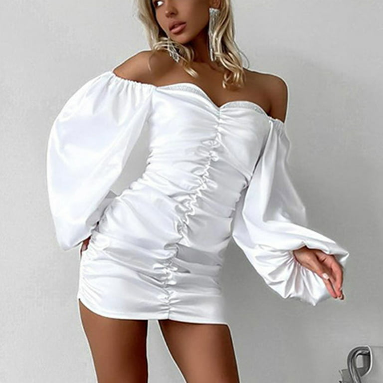 Feeling Good Long Puff Sleeve Ruched Mesh Mini Dress in White