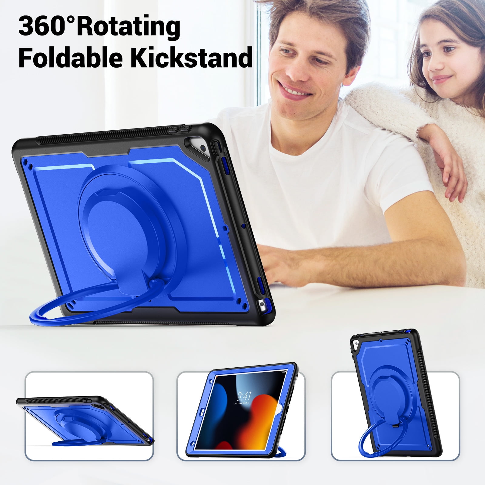 Shockproof Case for Apple iPad 9th 8th 7th Gen 10.2 Inch, Hybrid Protective Cover with Pencil Holder & Shoulder Strap Kids Friendly Rotating Kickstand Case for iPad 10.2" 2021/2020/2019,Darkblue