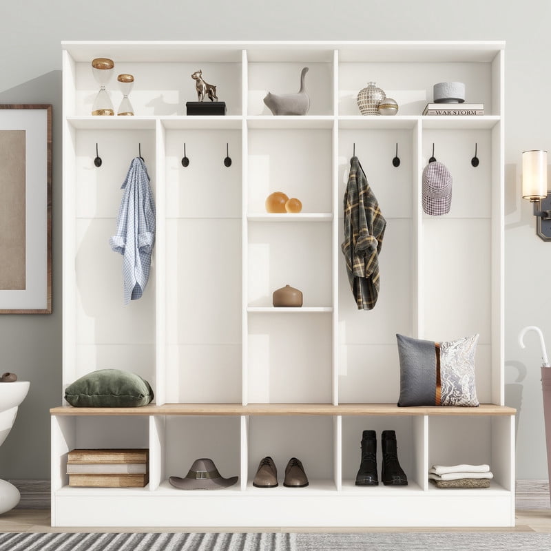 Large Hall Tree with Storage Shoe Bench, Minimalist Cabinet with Cube & Shelves, Home Mudroom Coat Rack with 8 Hooks