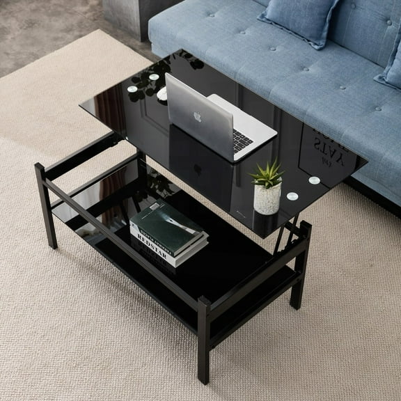 Living Room Glass Lift Top Coffee Table - Modern Simple 2-Layer, Black Tempered Glass, W37.8"*D21.26"*H17.7", 45.86lbs & 220lbs