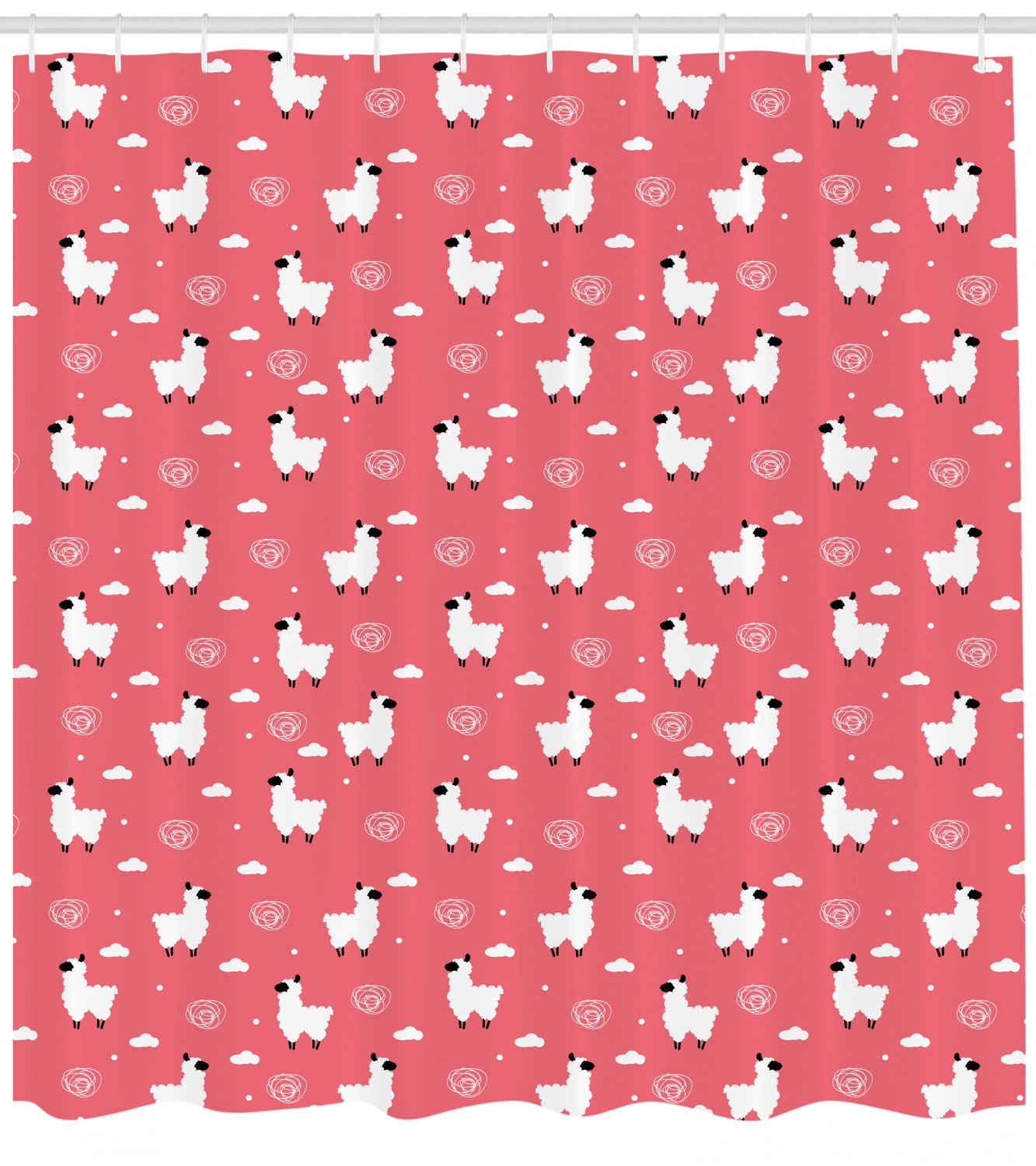 Pink And White Shower Curtain Puffy Lama Figures Among Cumulus