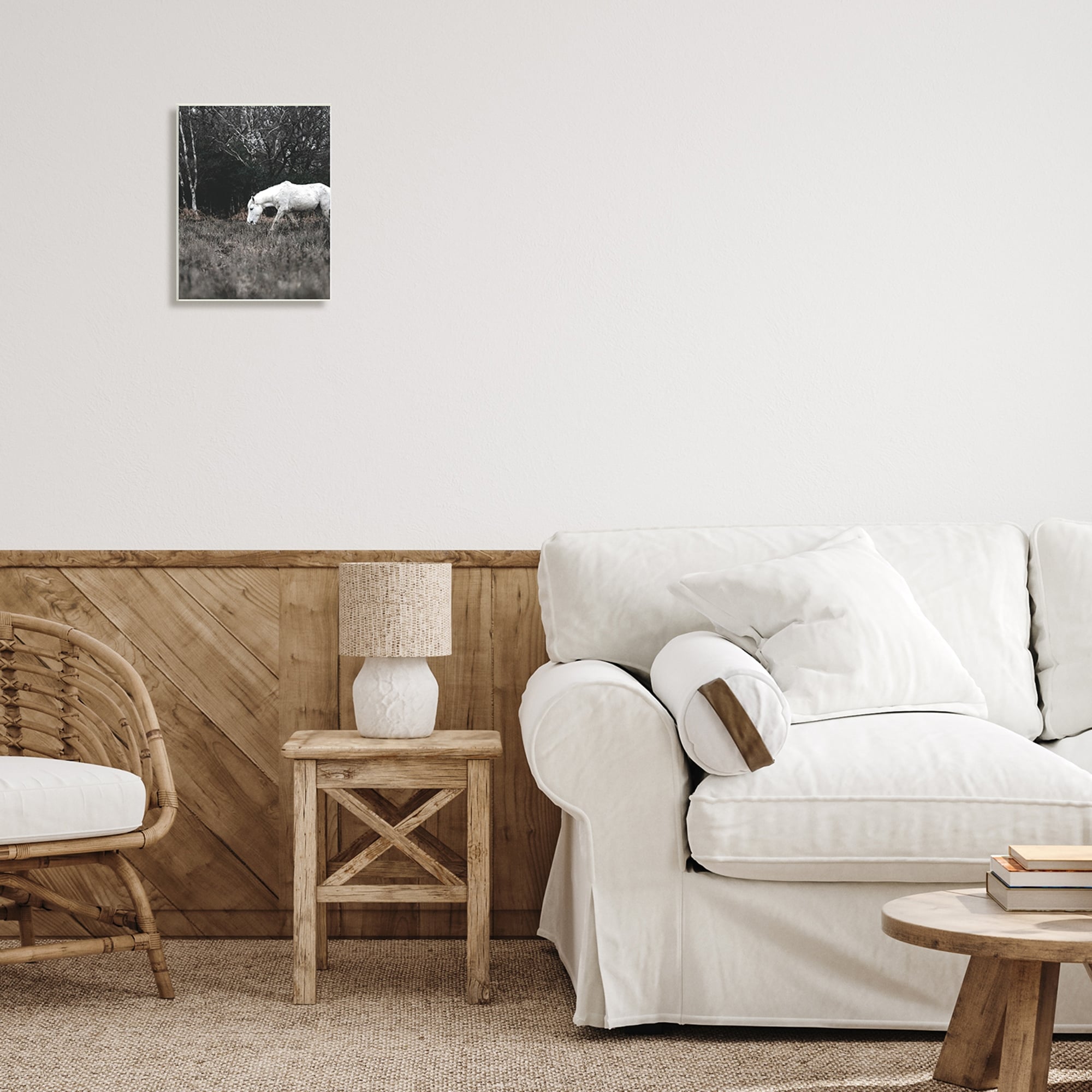 Stupell Industries Rural Monochrome Meadow Trees White Horse Grazing Wood Wall Art, 13 x 19, Design by Amy Brinkman
