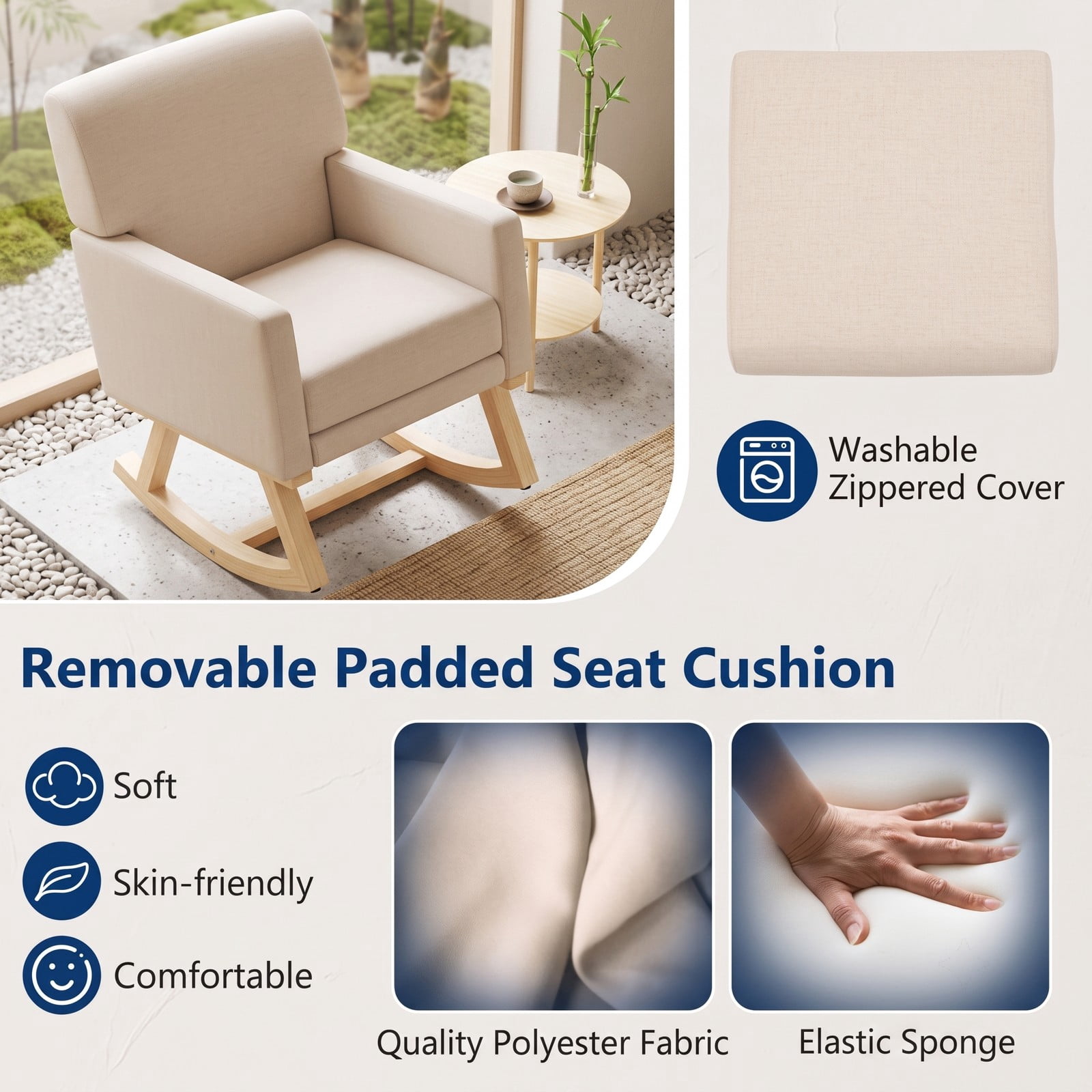 Furnibear Upholstered Rocking Chair with Solid Rubber Wood Base, High Back Padded Glider Nursery Accent Rocker for Living Room Bedroom, 350 lbs Capacity, Beige