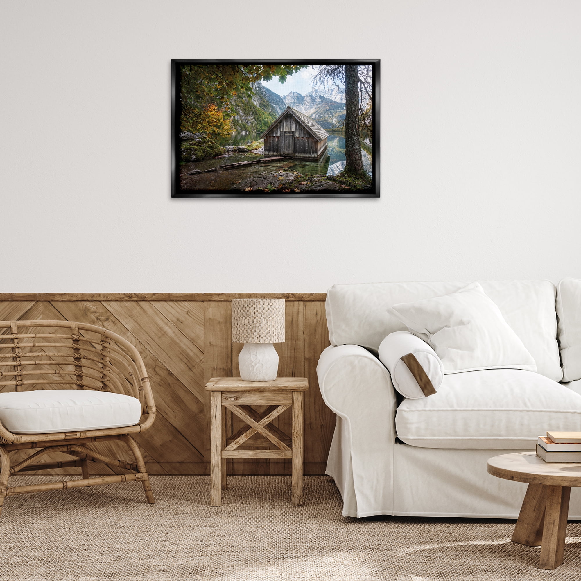 Stupell Industries Mystical Cabin on Lake Landscape & Nature Photography Black Floater Framed Canvas Art Print Wall Art, 31 x 21