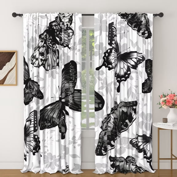 Lfeey Butterfly Print Blackout Curtains, Elegant Black White Bedroom Windows, 42x63 Inch, Set of 2