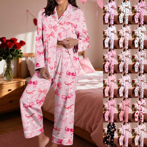 Women 2 Piece Pajama Set Heart Print Long Sleeves Button Down Lapel Shirt Long Pants Matching Sets Loungewear Pink L