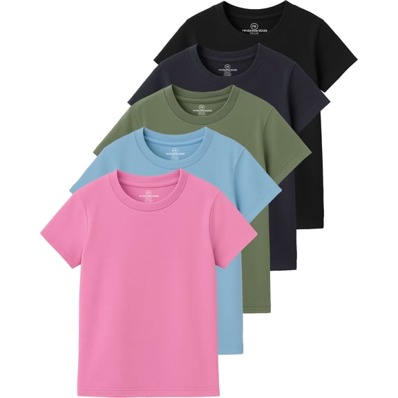 Real Essentials 5 Pack: Girls' Cotton Short Sleeve Crew Neck T-Shirt - Athletic Tee Shirt for Teens Kids Youth (Ages 4-16)