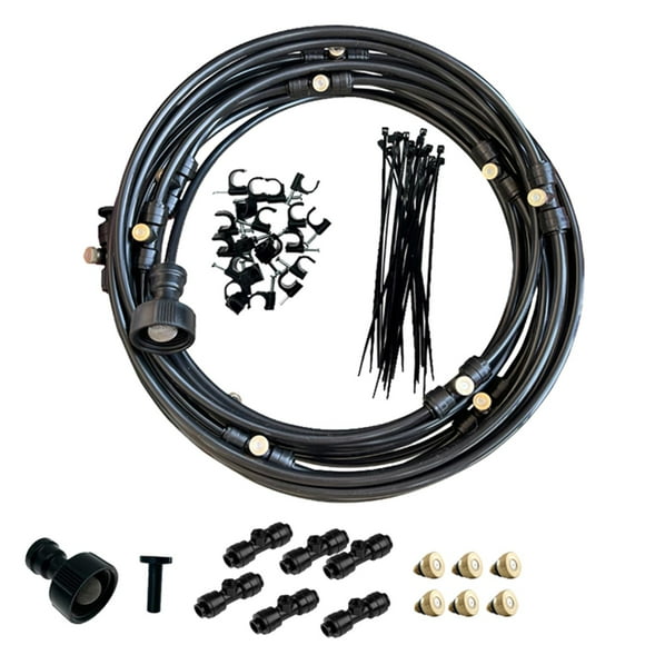 Kit de enfriamiento de niebla de rociador de agua para patio Misters Adaptador de latón Enfriador Línea de nebulización Kit de sistema de enfriamiento Negro 6m 56Piezas Macarena Línea de nebulización de ventilador