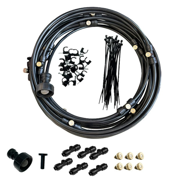 Kit de enfriamiento de niebla de rociador de agua para patio Misters Adaptador de latón Enfriador Línea de nebulización Kit de sistema de enfriamiento Negro 6m 56Piezas Macarena Línea de nebulización de ventilador