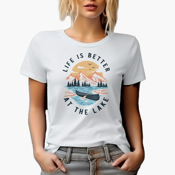 Life Is Better at the Lake with Sun, Boat, Mountains & Pine Trees Art Merch Gift, White T-Shirt, Small