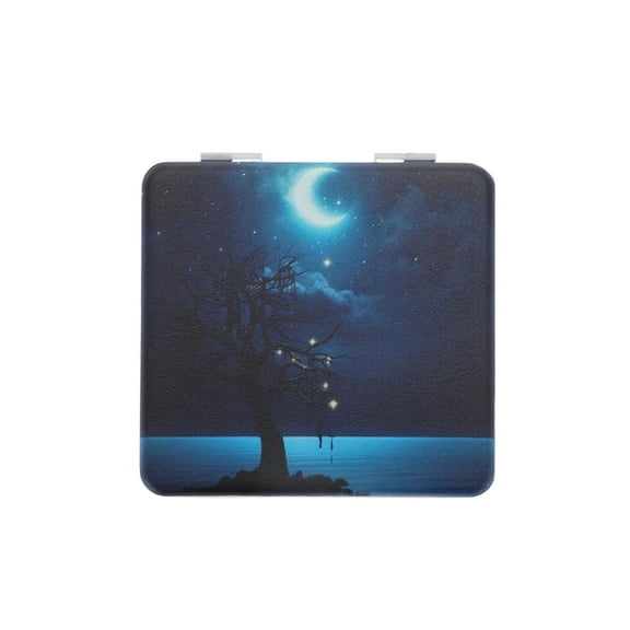 Unique Bargains 1 Pc Star Crescent Makeup Mirror for Travel Vacation Navy Blue PU Stainless Steel Glass