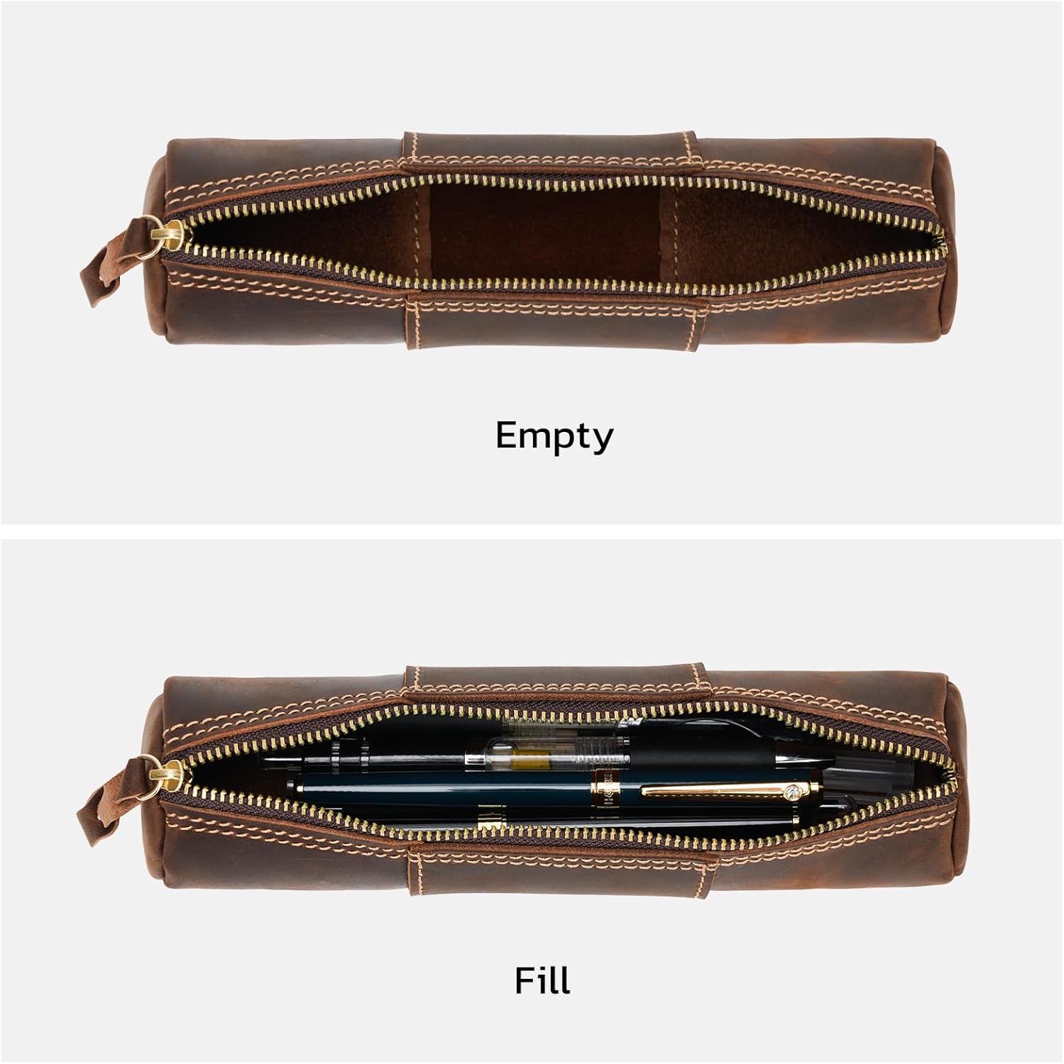ABPETE Genuine Leather Pencil Case, Full-Grain Cowhide Leather Pouch, Small Pencil Pouch for Men, Vintage Pen Bag for Adults, Stationery Organizer Case for Work & Travel-Cylinder-Coffee