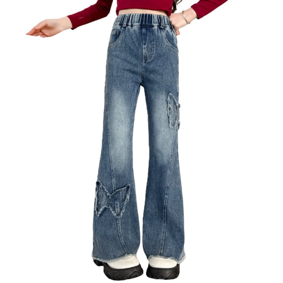 Ruyang Girl's Butterfly Flared Jeans Y2k Denim Pants Bell Bottom Stretchy Jeans Trousers with Pocket Teens Kids Bootcut Fit Outfits