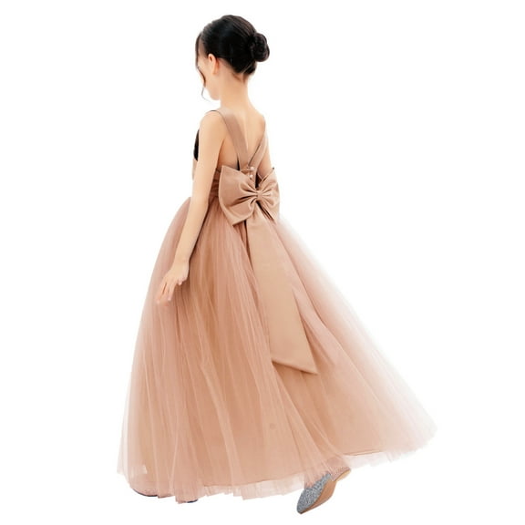Ekidsbridal Girl Princess Flower Girl Dress - Satin Backless with Elegant Pre-tied Bow 722-A (Size: 4-12)
