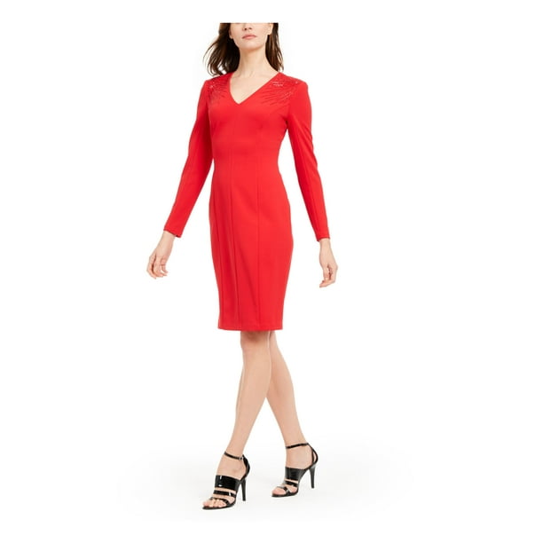 CALVIN KLEIN Womens Red Long Sleeve Knee Length Sheath Party Dress Size: 8  