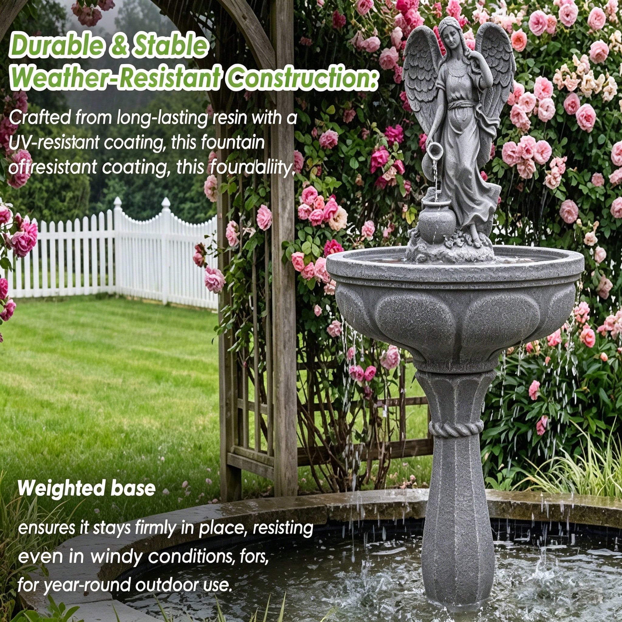 37 Inch Angel Statue Pedestal Water Fountain, 2-Tier Resin Outdoor Waterfall Fountain, UV & Weather Resistant, Auto Water Shortage Shutoff, Stable Anti-Splash Design for Yard Lawn Decor