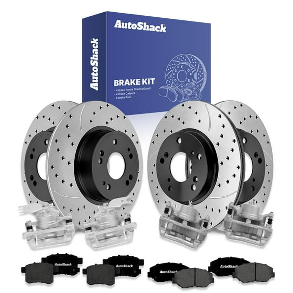 AutoShack Front & Rear Brake Rotors, Premium Pads & Calipers for Honda, Accord 2013-2017, FWD L4 2.4L - E-Coated Drilled & Slotted - ShadowGuard